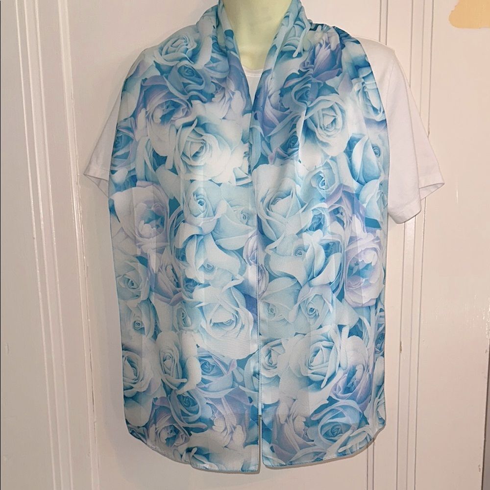 Vintage Light Blue, Lavender‎ & White Rose Pattern Long Polyester Scarf